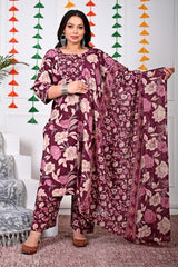 Plus Size Purple Cotton Printed Kurta Pant Set with Dupatta-200022