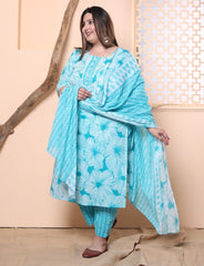 Plus Size Blue Cotton Printed Kurta Pant Set with Dupatta-200023
