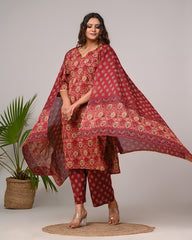 Plus Size Maroon Cotton Printed Kurta Pant Set with Dupatta-200026