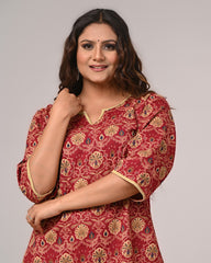 Plus Size Maroon Cotton Printed Kurta Pant Set with Dupatta-200026