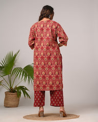 Plus Size Maroon Cotton Printed Kurta Pant Set with Dupatta-200026