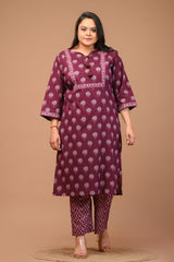 Plus Size Purple Cotton Printed Kurta Pant Set with Dupatta-200028