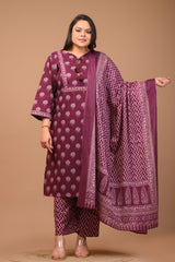Plus Size Purple Cotton Printed Kurta Pant Set with Dupatta-200028