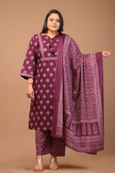 Plus Size Purple Cotton Printed Kurta Pant Set with Dupatta-200028