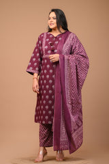 Plus Size Purple Cotton Printed Kurta Pant Set with Dupatta-200028