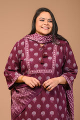 Plus Size Purple Cotton Printed Kurta Pant Set with Dupatta-200028