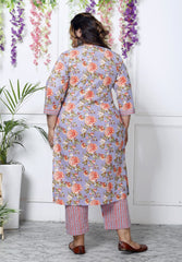 Plus Size Sky Blue Cotton Printed Kurta Pant Set with Dupatta-200031