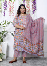 Plus Size Sky Blue Cotton Printed Kurta Pant Set with Dupatta-200031