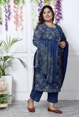 Plus Size Blue Cotton Printed Kurta Pant Set with Dupatta-200033