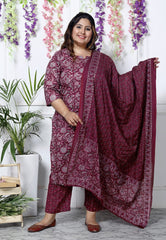 Plus Size Maroon Cotton Printed Kurta Pant Set with Dupatta-200034
