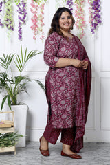 Plus Size Maroon Cotton Printed Kurta Pant Set with Dupatta-200034