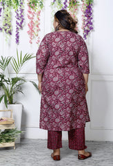 Plus Size Maroon Cotton Printed Kurta Pant Set with Dupatta-200034