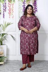 Plus Size Maroon Cotton Printed Kurta Pant Set with Dupatta-200034