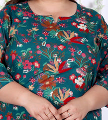 Plus Size Rama Green Cotton Printed Kurta Pant Set with Dupatta-200036