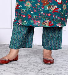 Plus Size Rama Green Cotton Printed Kurta Pant Set with Dupatta-200036