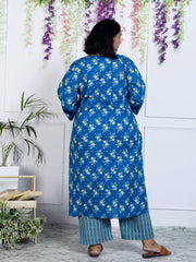 Plus Size  Blue Cotton Printed Kurta Pant Set with Dupatta-200039