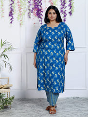 Plus Size  Blue Cotton Printed Kurta Pant Set with Dupatta-200039