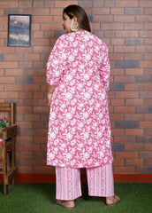 Plus Size Pink Cotton Printed Kurta Pant Set with Dupatta-200040