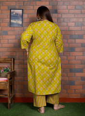 Plus Size Yellow Cotton Printed Kurta Pant Set with Dupatta-200041