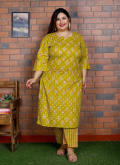 Plus Size Yellow Cotton Printed Kurta Pant Set with Dupatta-200041