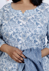 Plus Size Grey Cotton Printed Kurta Pant Set with Dupatta-200044
