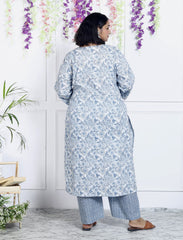 Plus Size Grey Cotton Printed Kurta Pant Set with Dupatta-200044
