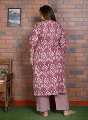 Plus Size Purple Cotton Printed Kurta Pant Set with Dupatta-200045
