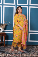 Plus Size Yellow Cotton Printed Kurta Pant Set with Dupatta-200048