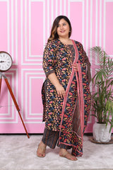 Plus Size Black Cotton Printed Kurta Pant Set with Dupatta-200049
