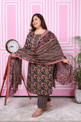Plus Size Black Cotton Printed Kurta Pant Set with Dupatta-200049