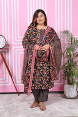 Plus Size Black Cotton Printed Kurta Pant Set with Dupatta-200049