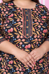 Plus Size Black Cotton Printed Kurta Pant Set with Dupatta-200049