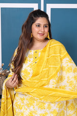 Plus Size Yellow Cotton Printed Kurta Pant Set with Dupatta-200050