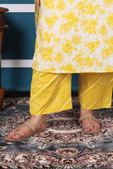 Plus Size Yellow Cotton Printed Kurta Pant Set with Dupatta-200050