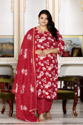Plus Size Red Cotton Printed Kurta Pant Set with Dupatta-200053