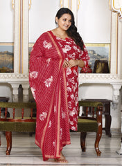 Plus Size Red Cotton Printed Kurta Pant Set with Dupatta-200053