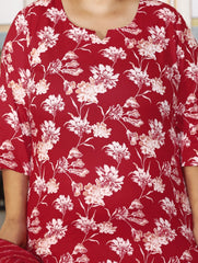 Plus Size Red Cotton Printed Kurta Pant Set with Dupatta-200053