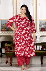 Plus Size Red Cotton Printed Kurta Pant Set with Dupatta-200053