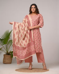 Plus Size Hand Work Pink Cotton Printed Kurta Pant Set with Dupatta-200054