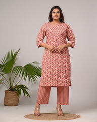Plus Size Hand Work Pink Cotton Printed Kurta Pant Set with Dupatta-200054