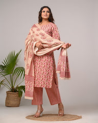 Plus Size Hand Work Pink Cotton Printed Kurta Pant Set with Dupatta-200054