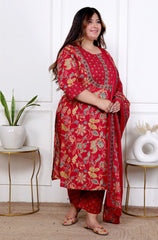 Plus Size Red Cotton Printed Kurta Pant Set with Dupatta-200055