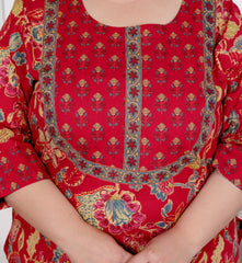 Plus Size Red Cotton Printed Kurta Pant Set with Dupatta-200055