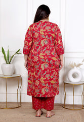 Plus Size Red Cotton Printed Kurta Pant Set with Dupatta-200055