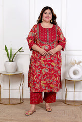 Plus Size Red Cotton Printed Kurta Pant Set with Dupatta-200055