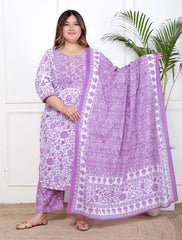 Plus Size Purple Cotton Printed Kurta Pant Set with Dupatta-200058