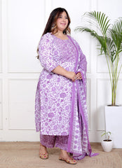 Plus Size Purple Cotton Printed Kurta Pant Set with Dupatta-200058