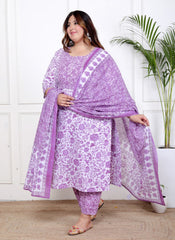 Plus Size Purple Cotton Printed Kurta Pant Set with Dupatta-200058