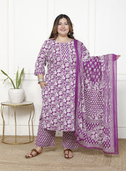 Plus Size Purple Cotton Printed Kurta Pant Set with Dupatta-200059