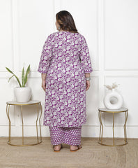 Plus Size Purple Cotton Printed Kurta Pant Set with Dupatta-200059